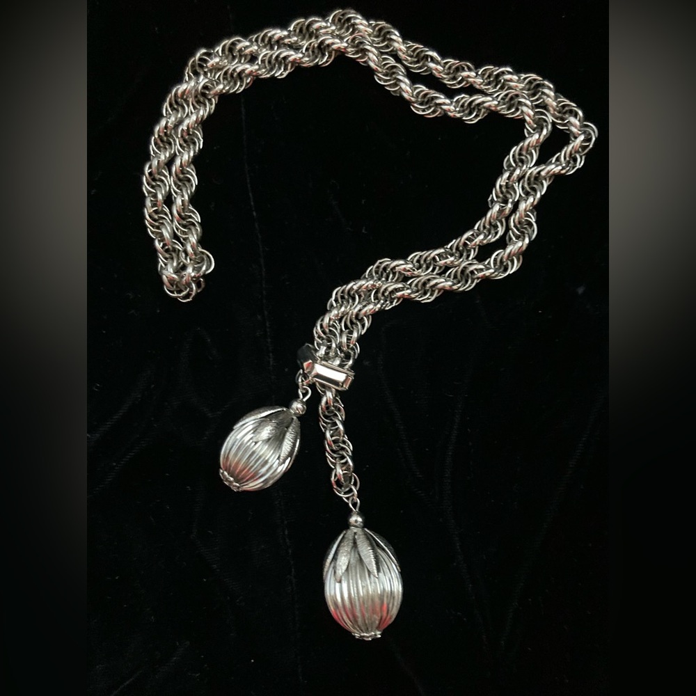 VINTAGE Lariat Slide Necklace with Nut Tassels - Silver tone